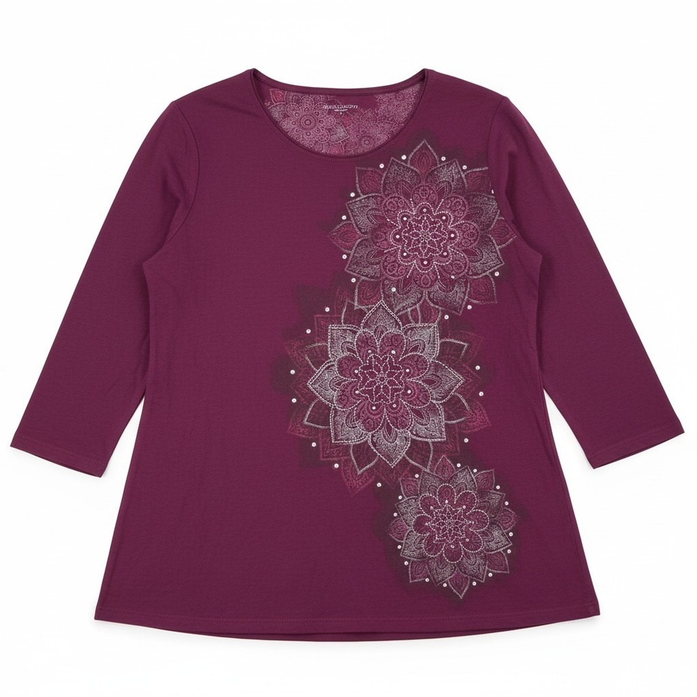 Laura Scott Womens Plum Purple Mandala Graphic Rhinestone 3/4 Sleeve Top Large